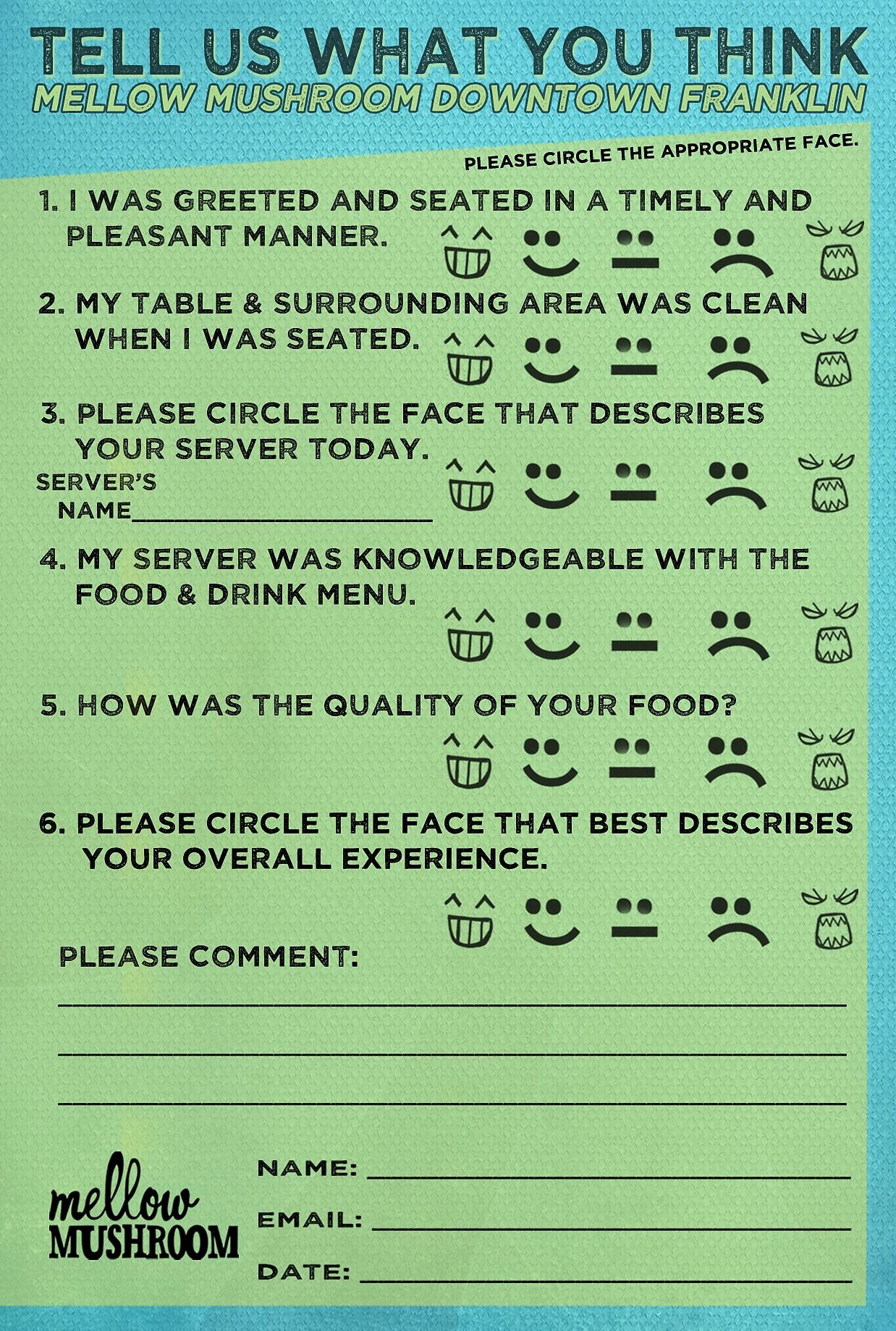 Restaurant Comment Cards Template Best Of Mellow Mushroom Ment Card My Design Work