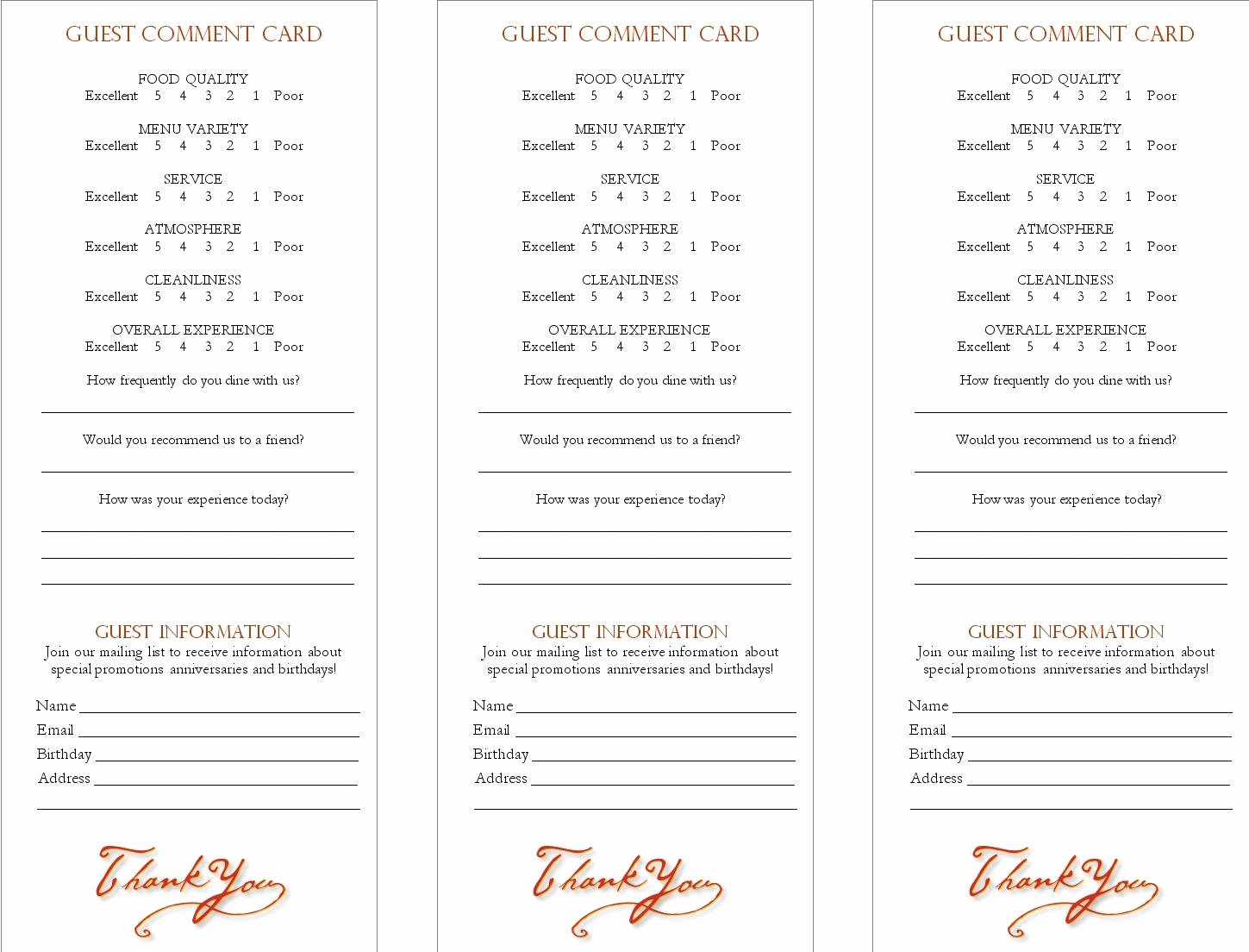 Restaurant Comment Cards Template Elegant Cancel Save