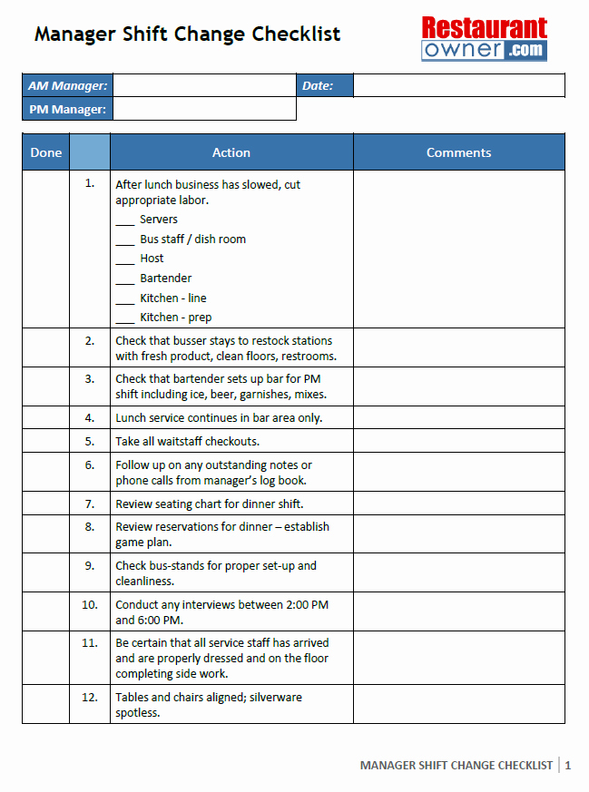 Restaurant Manager Log Book Template Beautiful Manager’s Shift Change Checklist