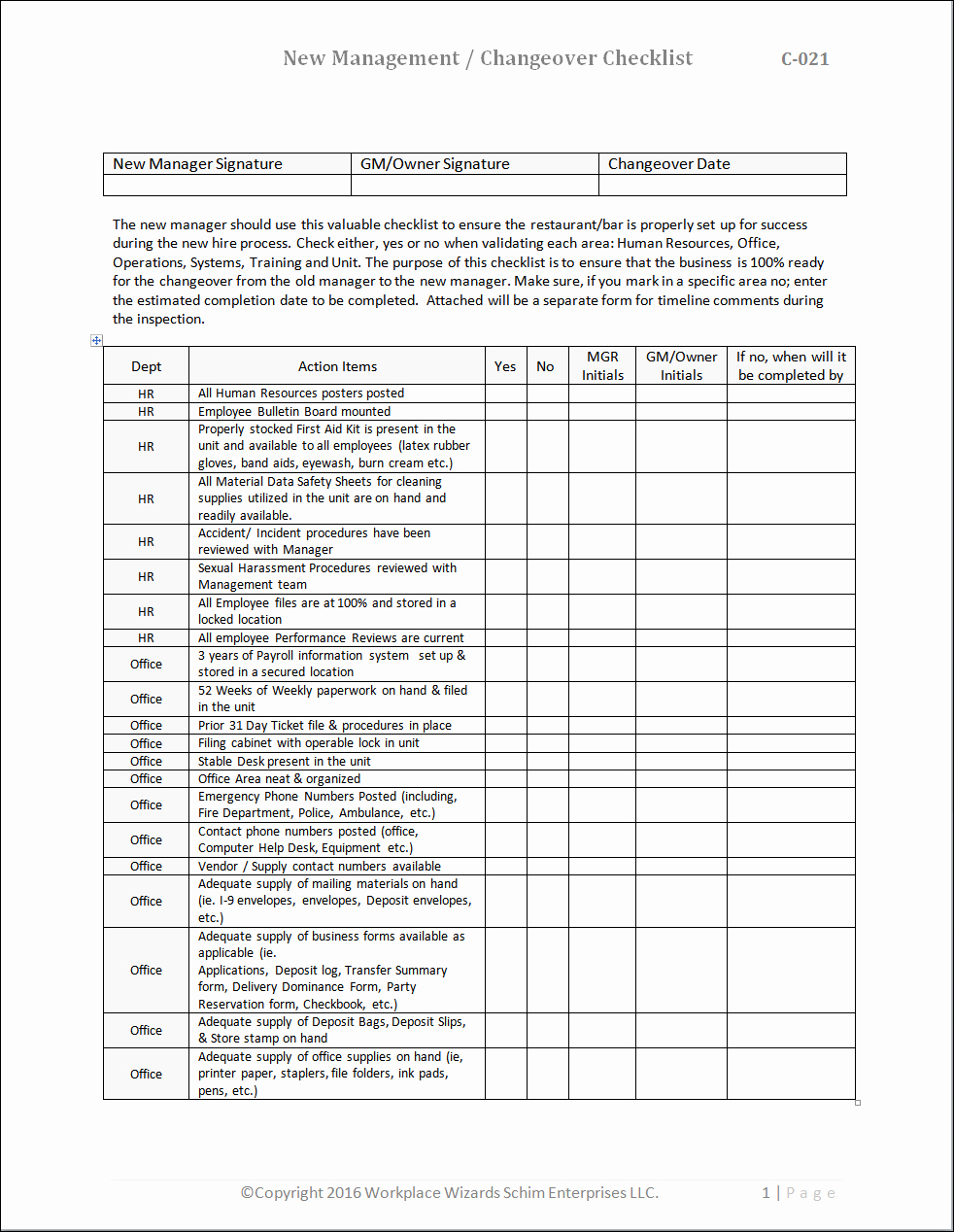 Restaurant Observation Report Sample Fresh Restaurant Manager Changeover Checklist Restaurant
