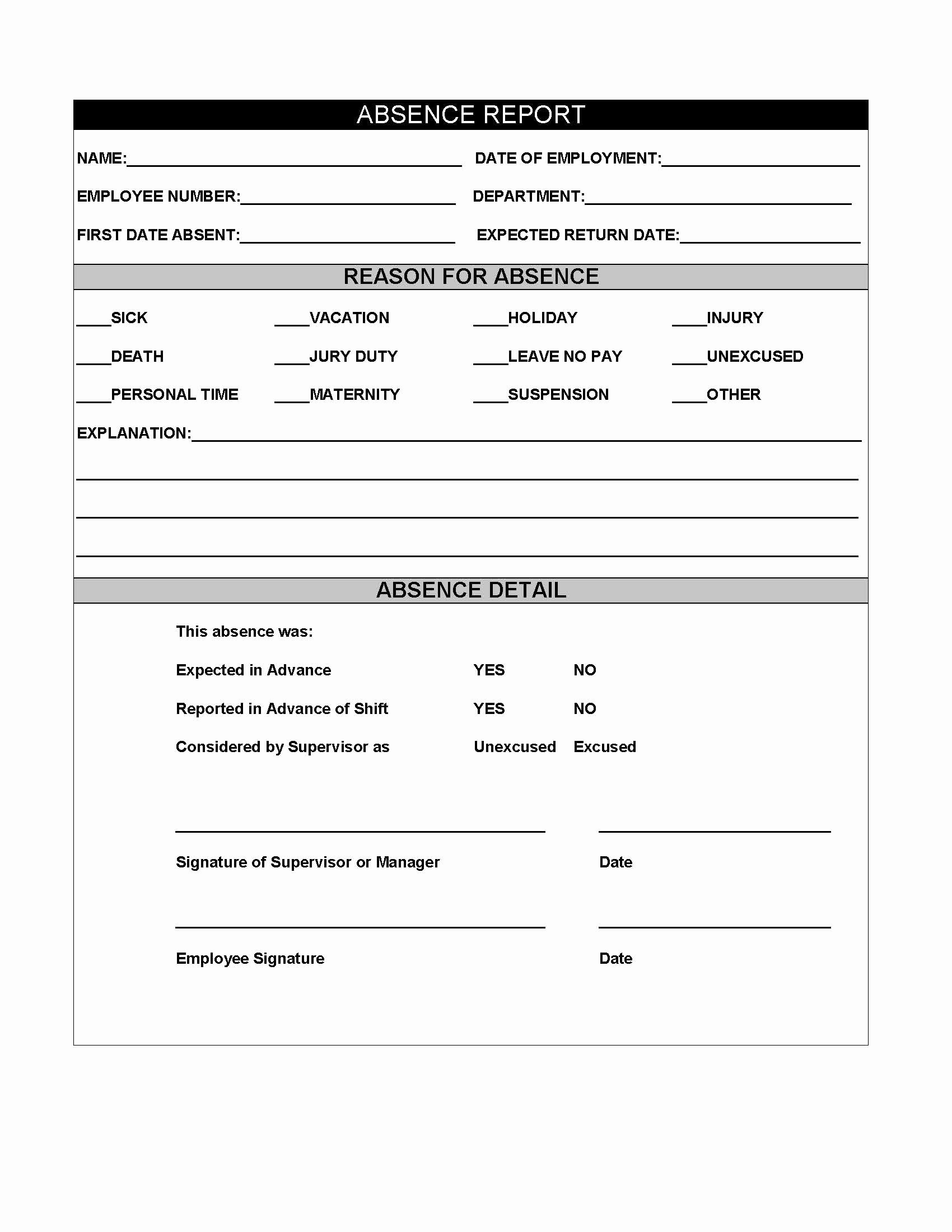 Restaurant Waiting List Template Fresh Restaurant Employee Absence Report form