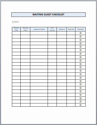 Restaurant Waiting List Template New Restaurant Waiting List Template