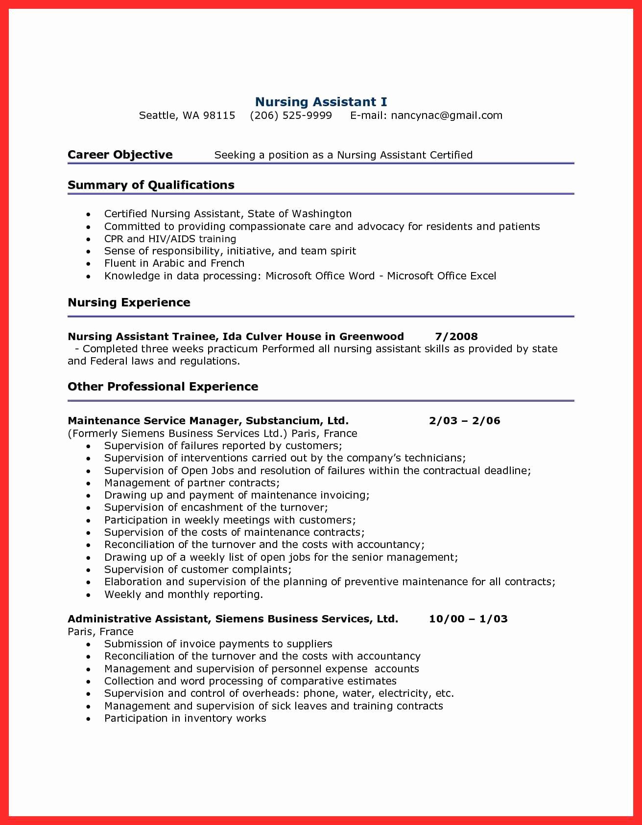 Resumes for Cna Position New Hospital Cna Resume