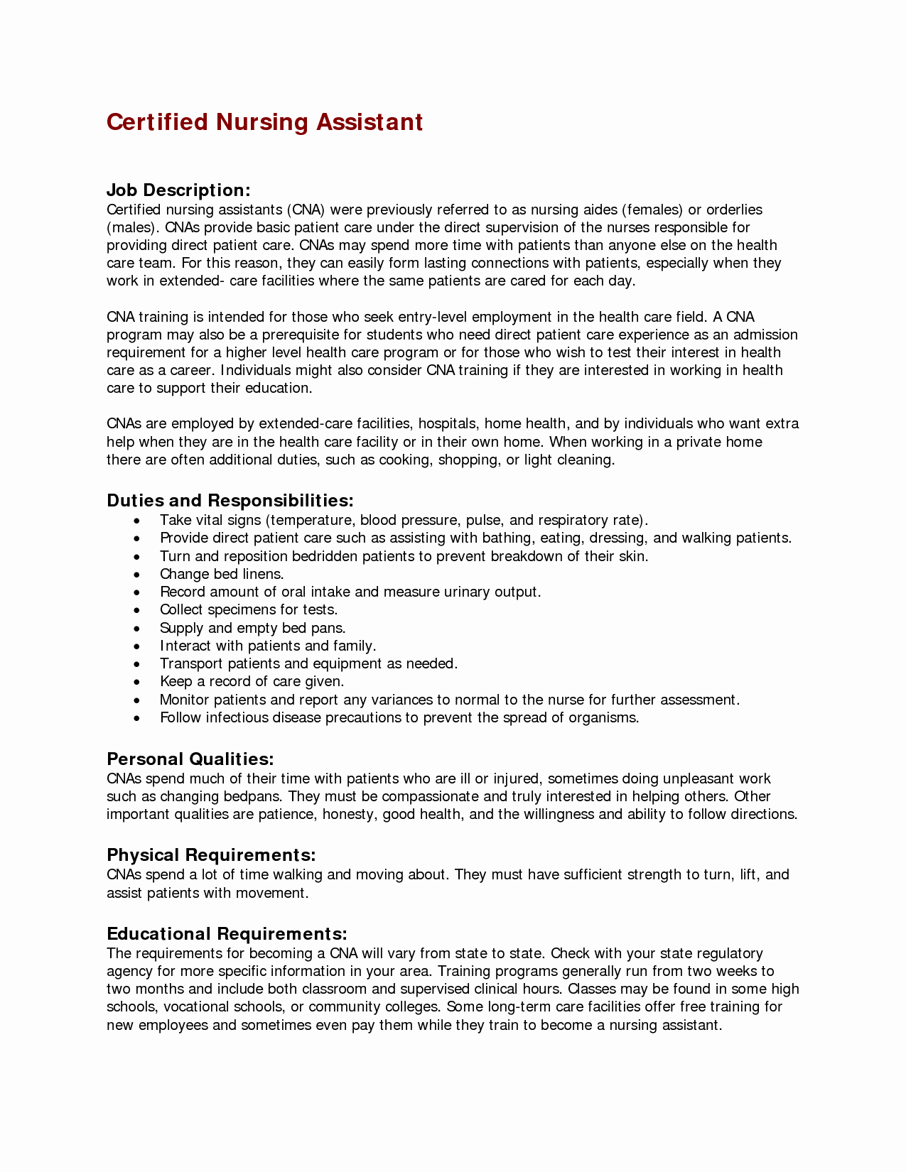 Resumes for Cna Position New Nursing assistant Job Description for Resume Resume Ideas