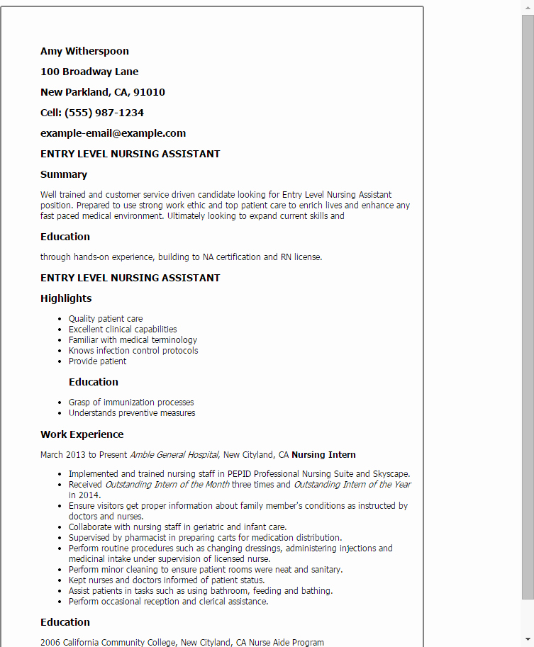 Resumes for Cna Position Unique Professional Entry Level Nursing assistant Templates to