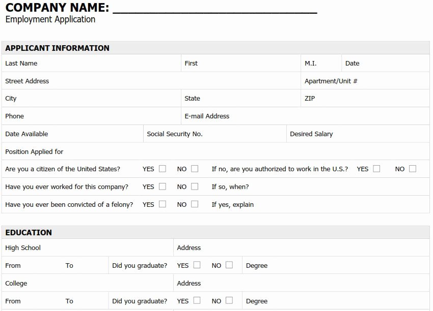 Retail Application form Beautiful Printable Pdf Generic Employment Application form