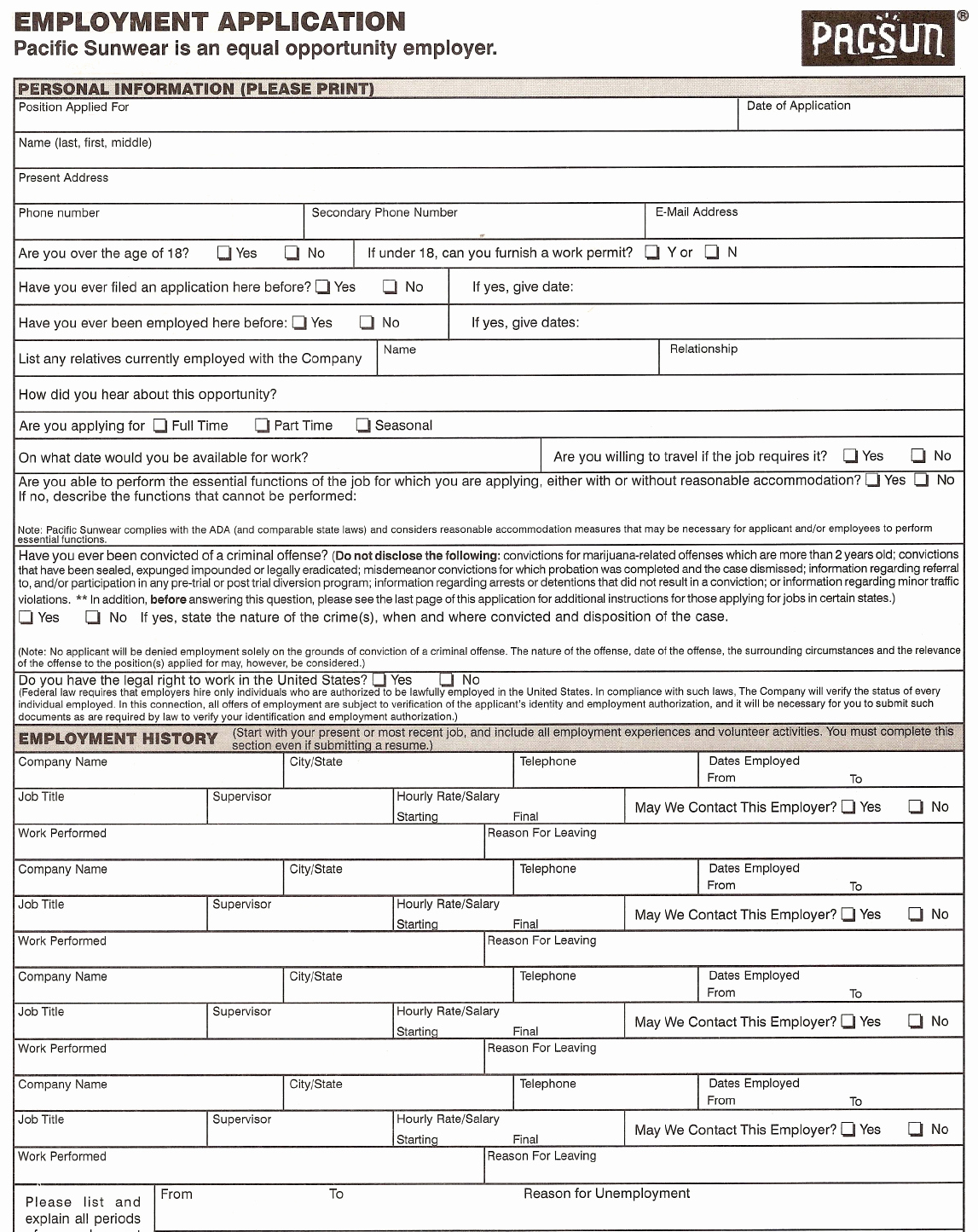 Retail Application form Best Of Pacsun Printable Job