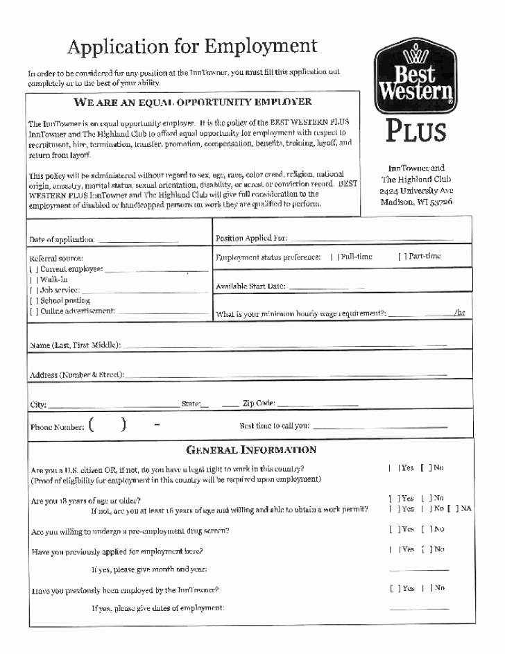 Retail Application form Inspirational Free Printable Best Western Job Application form