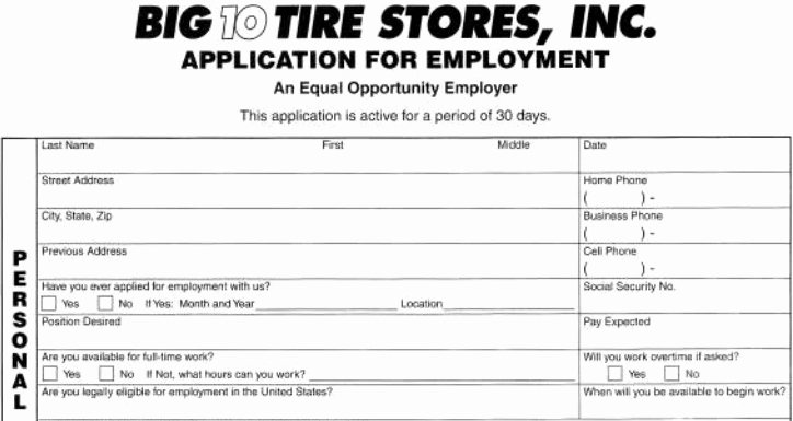 Retail Job Application forms Awesome Big 10 Tires Job Application Printable Employment Pdf forms