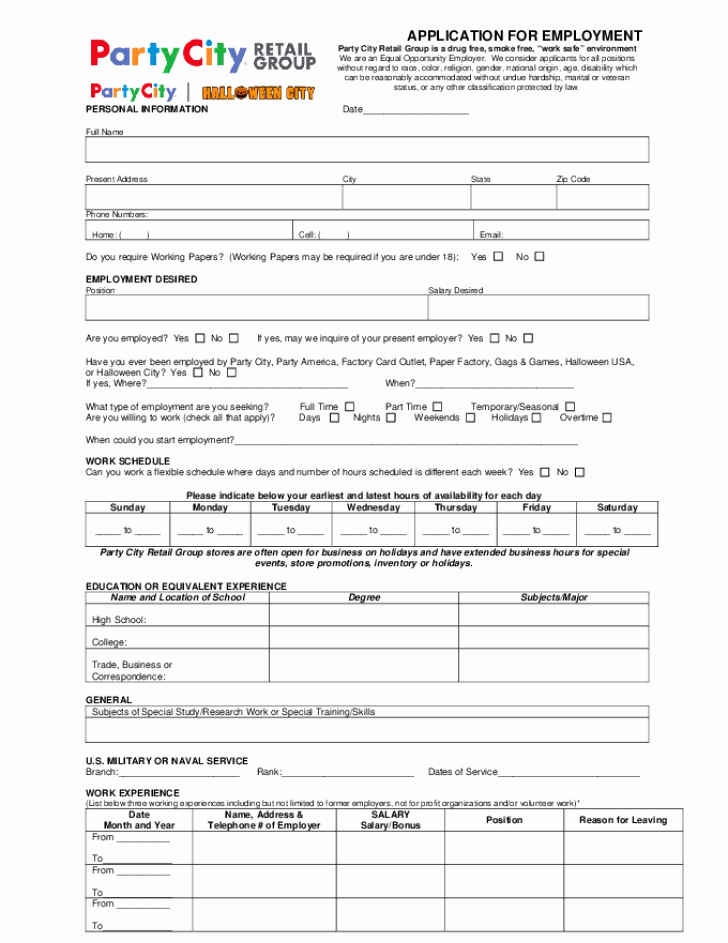 Retail Job Application forms Awesome Free Printable Party City Job Application form