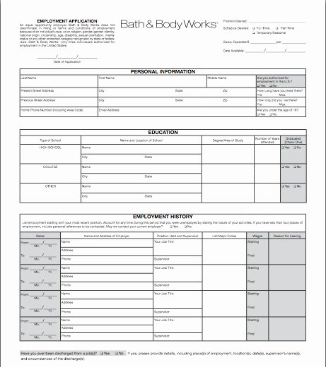 Retail Job Application forms Fresh Bath and Body Works Application Line Job Employment form