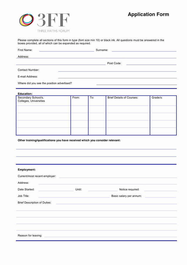 Retail Job Application forms Fresh Job Application form In Word and Pdf formats