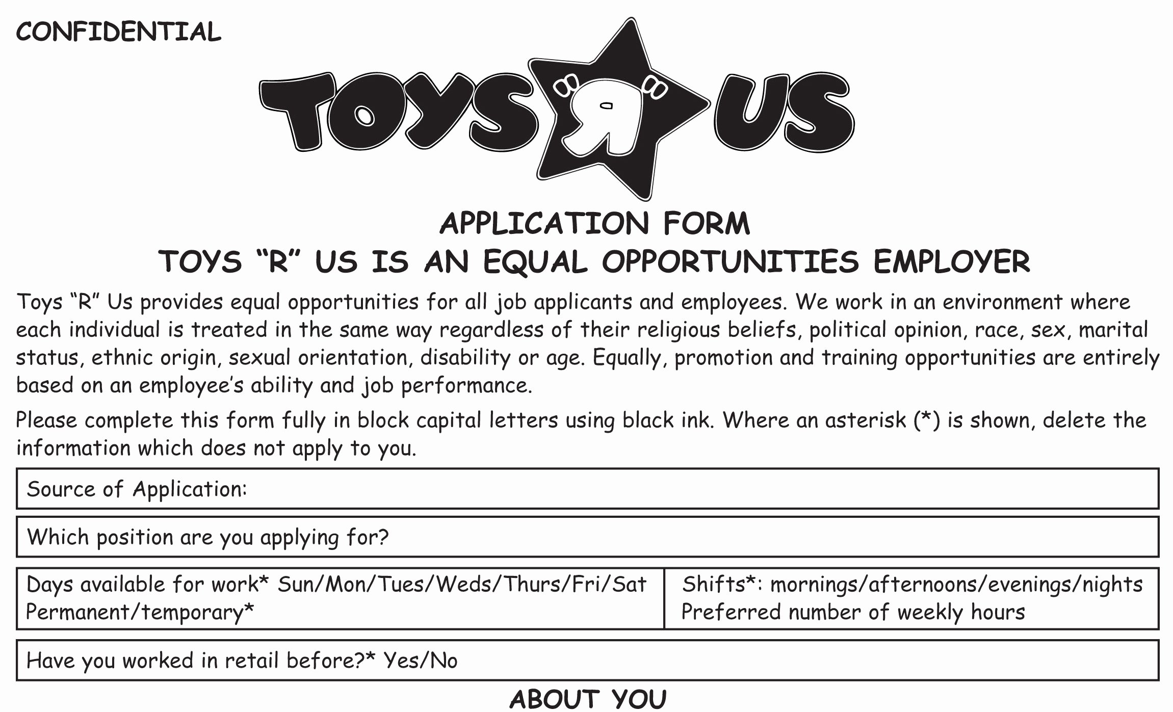 Retail Job Application forms Unique toys R Us Job Application Printable Employment Pdf forms