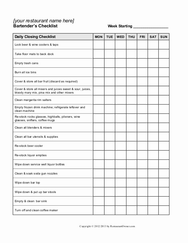 Retail Store Audit Checklist New Bartender Checklist