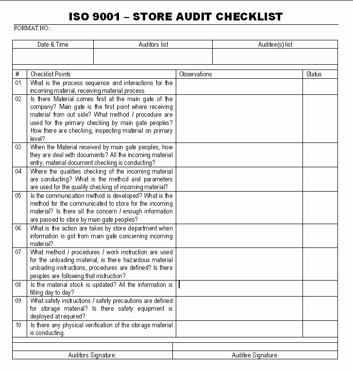 Retail Store Checklist Template Lovely Store Audit Checklist Fee iso 9001 Checklist formats