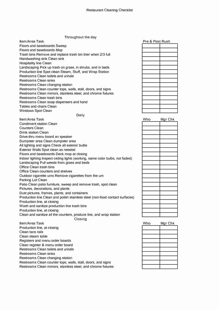 Retail Store Cleaning Checklist Template Awesome Checklist for Restaurant Google Search