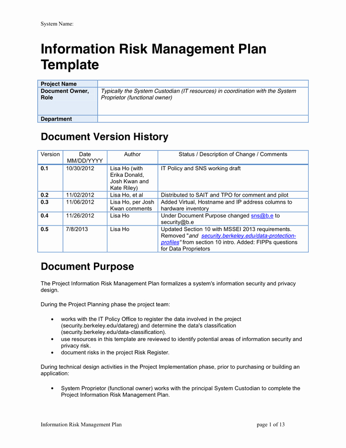 Risk Management Plan Template Doc Elegant Information Risk Management Plan Template In Word and Pdf