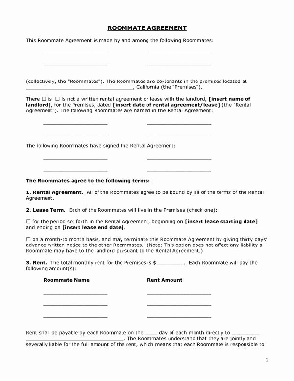 Room Rental Agreement California Free form Elegant Printable Sample Roommate Agreement form form