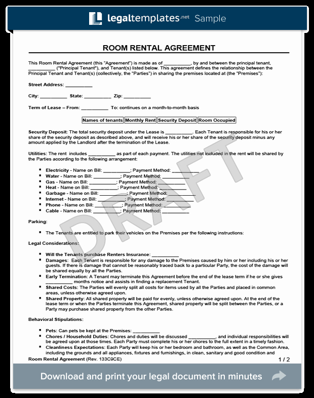 Room Rental Agreement California Free form Lovely Room Rental Agreement form