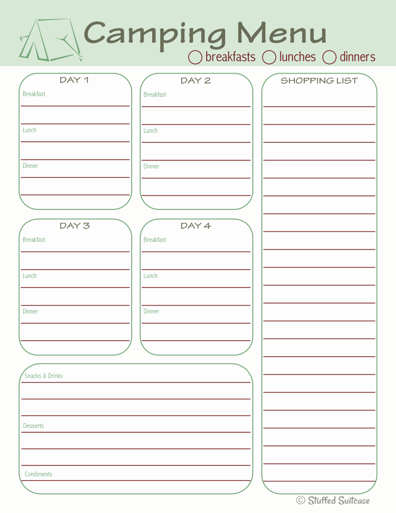 Rv Journal Template New Camping Menu Meal Planning Printable