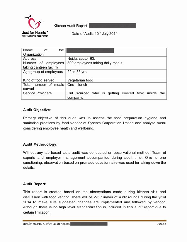 Safety Audit Report Sample Awesome Just for Hearts Kitchen Audit Report Sample Draft
