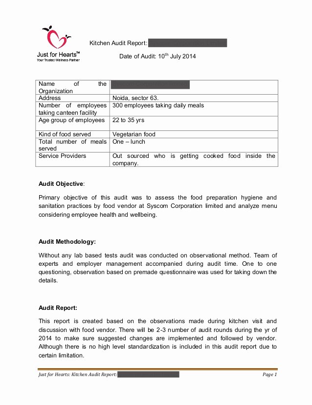 Safety Audit Report Sample Awesome Just for Hearts Kitchen Audit Report Sample Draft