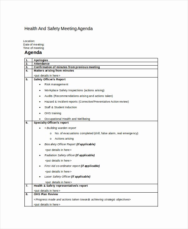 Safety Meeting Minutes Template Fresh Safety Agenda Template 6 Free Word Pdf Documents