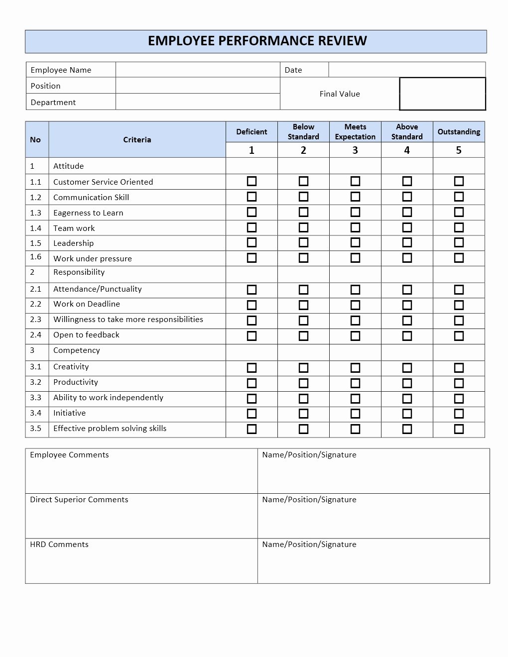 Sales associate Performance Review Examples New Employee Performance Review form
