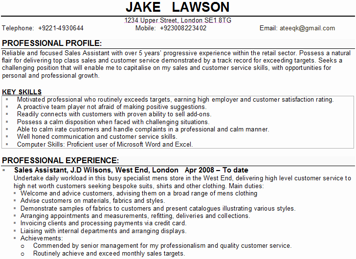 Sales Customer Profile Template New Sales assistant Cv Sample