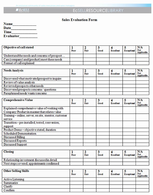 Sales Performance Appraisal form Fresh Sales assistant Evaluation form Sample forms