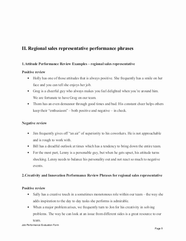 Sales Performance Appraisal form Luxury Regional Sales Representative Performance Appraisal