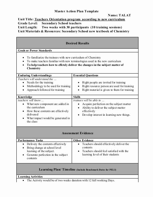 Sample Action Plan for Teachers Fresh Master Action Plan Template Name Talat Unit Title