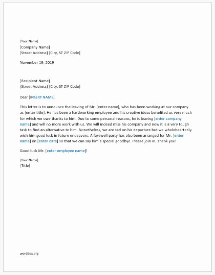 Sample Announcement Of Employee Leaving Awesome 27 Announcement Letter Templates for Everyone