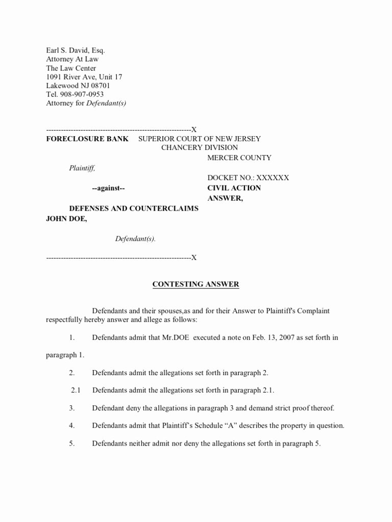 Sample Answer to Complaint Luxury Sample Answer foreclosure Defense New Jersey