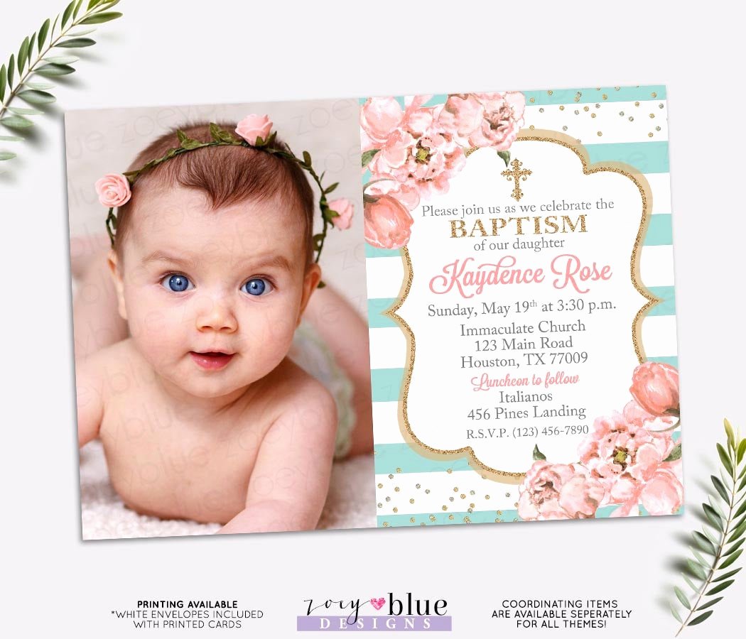 Sample Baptismal Invitations Beautiful Girl Baptism Invitation Blush Pink and Turquoise Baptism