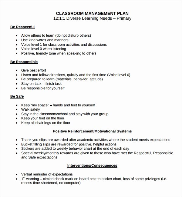 Sample Behavior Plan Fresh Sample Classroom Management Plan Template 9 Free