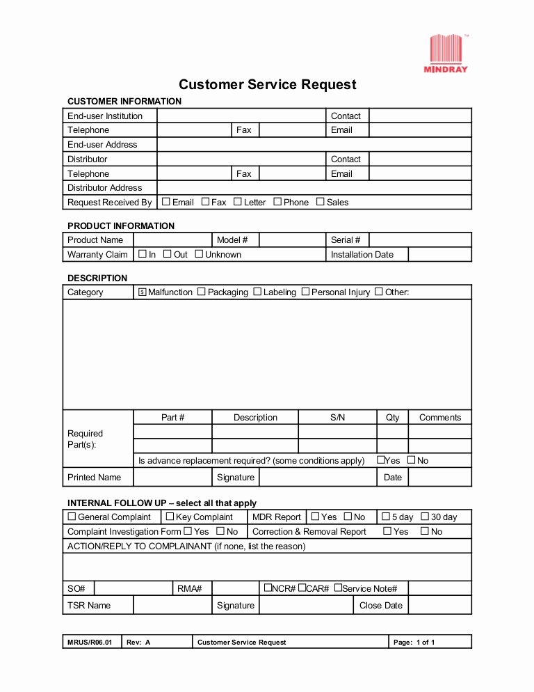 Sample Capa form Inspirational Customer Service Request form