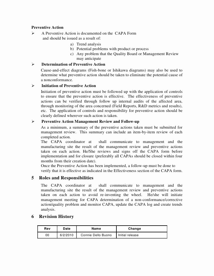 Sample Capa form Inspirational sop 820 Capa Procedure Corrective Preventive Action Med Dev