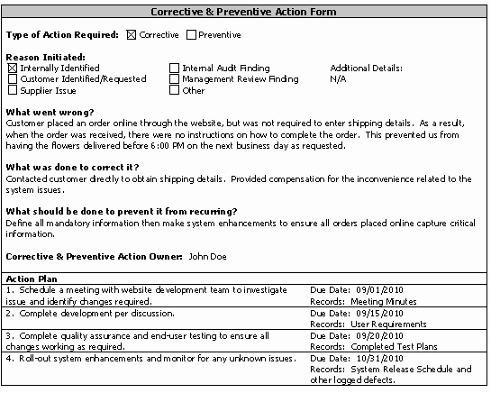 Sample Capa form Luxury Corrective Preventive Action Example