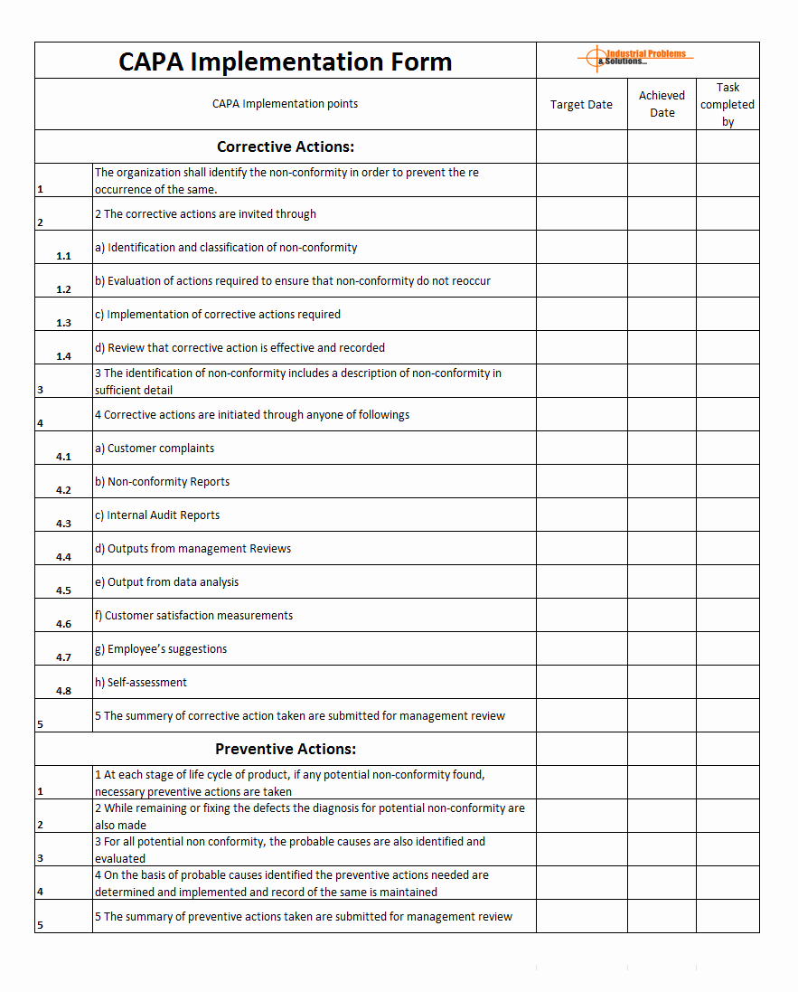 Sample Capa form Unique Capa Implementation form format