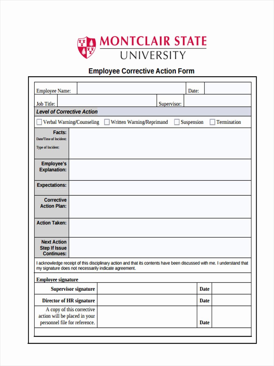 Sample Capa form Unique Employee Corrective Action form