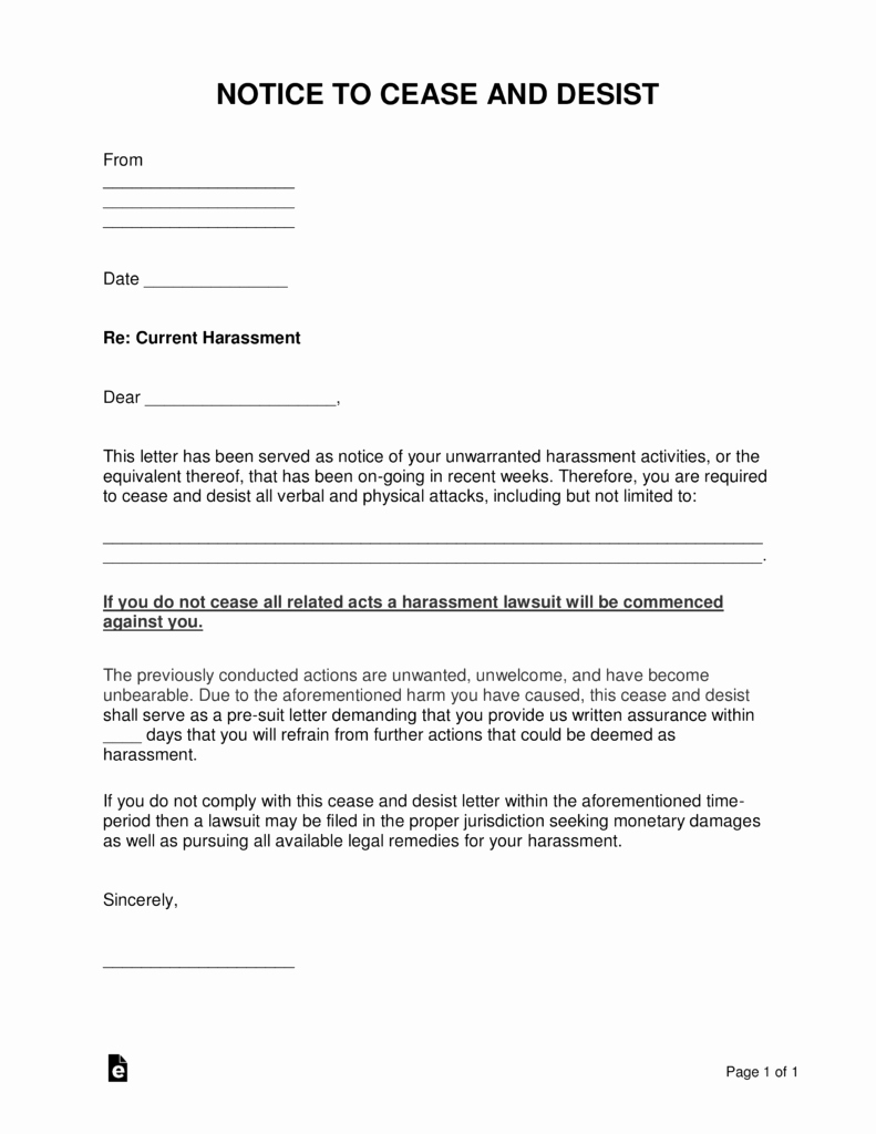 Sample Cease and Desist Letter to former Employee Fresh Free Harassment Cease and Desist Letter Template Word