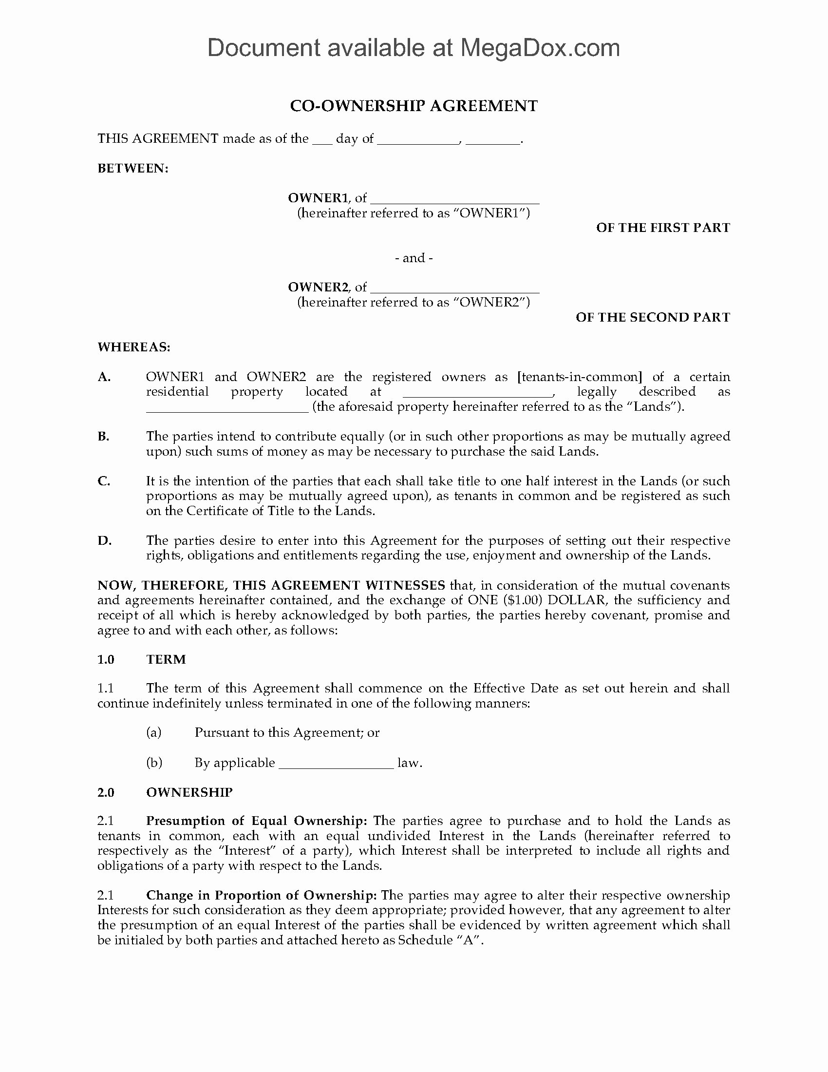 Sample Co Ownership Agreement Fresh Land Co Ownership Agreement