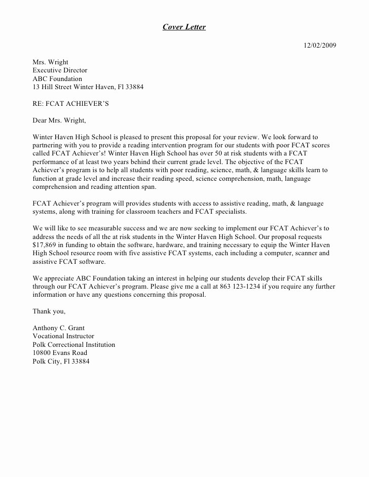 Sample Cover Letter for Grant Proposal Unique Grant Proposal Cover Letter Sample