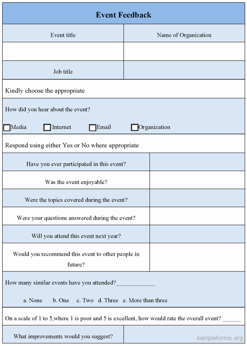 Sample event Evaluation form Inspirational event Feedback form Sample forms