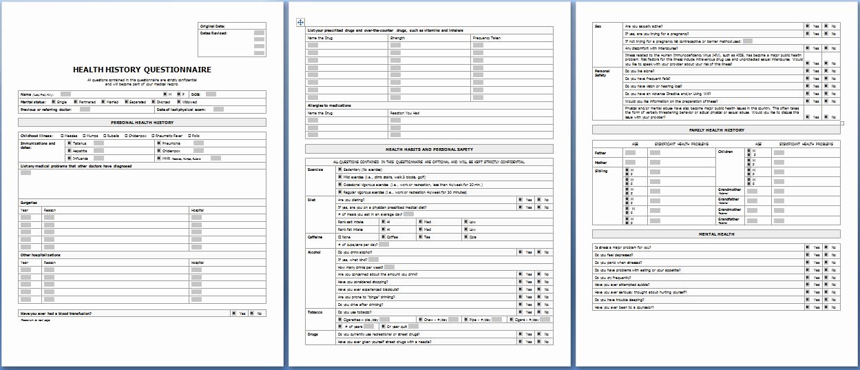 Sample Health History Elegant Patient Health History Questionnaire form Templates