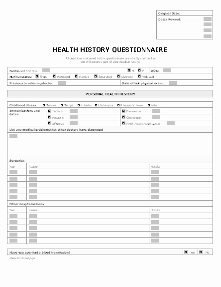 Sample Health History form Unique Health History Questionnaire Online