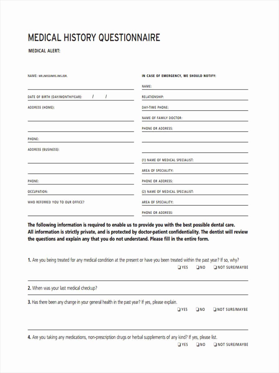 Sample Health History Unique 40 Questionnaire forms
