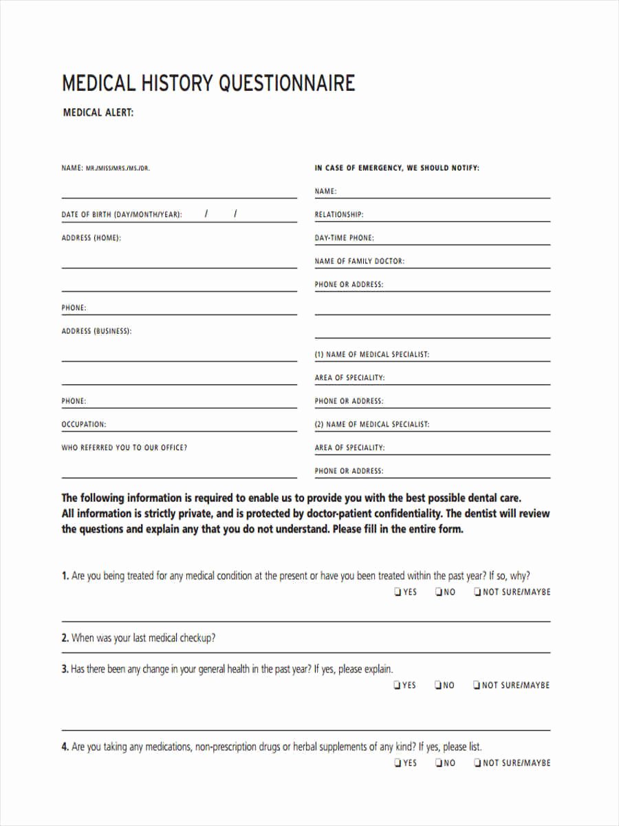 Sample Health History Unique 40 Questionnaire forms