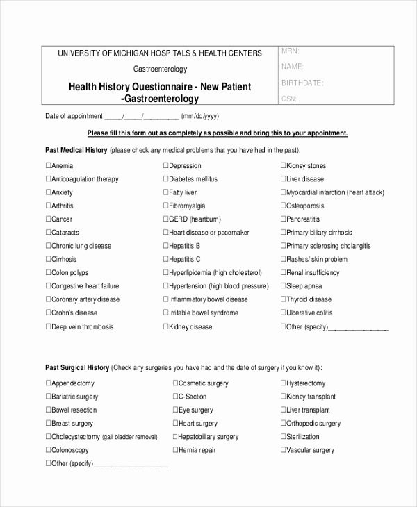 Sample Health History Unique Health Questionnaire form Bing Images